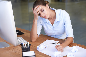 Image showing Documents, headache and business woman tired, overworked or stress over office mistake, disaster or bad financial results. Paperwork, frustrated and administration agent overwhelmed with bank problem