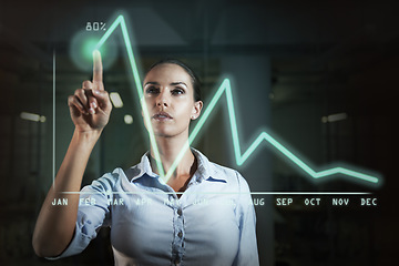 Image showing Business woman, graph and finance with overlay, calendar and thinking with investment, growth or revenue. Person, stock market or economy with point at holographic chart for data analysis in night