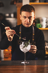 Image showing Bartender is adding ingredient in glass