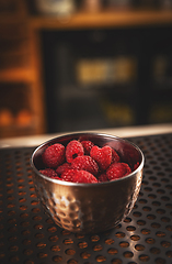 Image showing Raspberries in metal bowl.