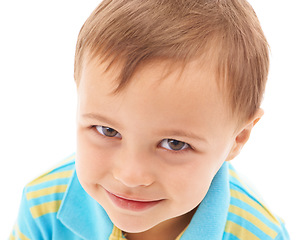 Image showing Portrait, boy and child with mockup space, smile and casual outfit isolated on a white studio background. Face, person or model with happiness, promotion and relax with trendy clothes or cheerful kid