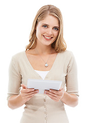 Image showing Woman, portrait and tablet in studio with social networking, online blog and app with white background. News, smile and digital scroll with information for web search, media and internet article