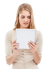 Image showing Woman, reading and tablet in studio with social networking, online blog and tech app with white background. News, email and digital scroll with information for web search, media and internet article