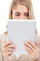 Image showing Woman, reading and tablet in studio with social media, online blog and tech app with white background. News, email and digital scroll with information for web search, media and internet article