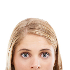 Image showing Closeup, portrait and surprise with woman, eyes and announcement isolated on a white studio background. Face, person and expression with gossip, review and feedback with news, facial and mockup space