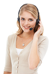 Image showing Call center, woman and portrait in studio for customer service, CRM questions or sales support on white background. Happy telemarketing agent, consultant and microphone for communication, FAQ or help