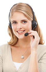 Image showing Woman, call center and portrait in studio with smile for customer support, CRM questions or IT help on white background. Telemarketing agent, happy consultant or microphone for FAQ, advice or contact