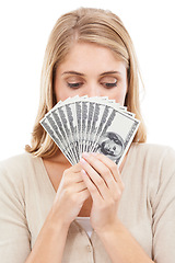 Image showing Face, woman and cash in hands with prize or reward, achievement or success on white background. Winner with money fan for investment, dollar bills and financial freedom with bonus or salary in studio