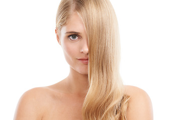 Image showing Woman, hair and beauty with shine, cosmetics for healthy skin glow with volume or growth on white background. Self care, model with haircare and dermatology for skincare in portrait in studio