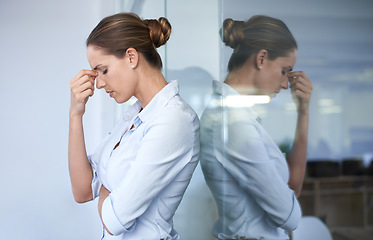 Image showing Depression, headache and professional woman sad, tired and stress over company mistake, disaster or fail. Mental health risk, window reflection and administration worker overwhelmed with anxiety