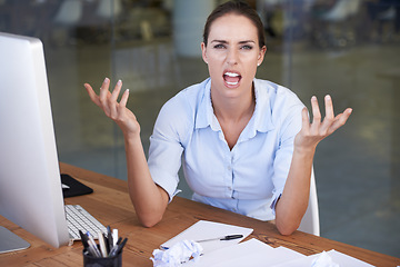 Image showing Angry, portrait and business woman frustrated with accounting mistake, audit disaster or bad financial results. Finance paperwork, facial expression and bank accountant annoyed with account problem