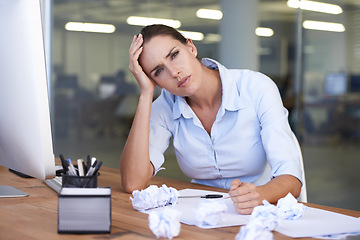 Image showing Documents, portrait and business woman annoyed with accounting mistake, audit fail or bad financial results. Finance paperwork, bankruptcy and moody accountant frustrated with tax compliance problem