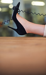 Image showing Woman, relax and show on desk with telephone wire in office with confidence or pride. Phone call, technology cord and cable on high heel or foot of person with communication or landline contact