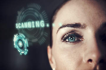 Image showing Woman, biometric eye scanning and overlay for identity, hologram and facial recognition for data safety. Person, cybersecurity and closeup of face in night, iris or verification check with software