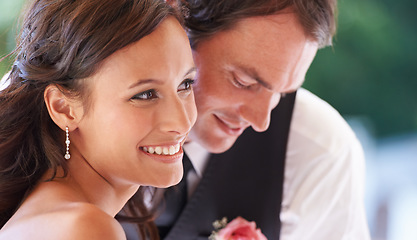 Image showing Couple, smile and love on wedding ceremony in outdoors, together and excited for marriage and commitment. Happy couple, romance and union at celebration, loyalty and pride for fashion and partnership