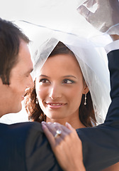 Image showing Bride, woman and groom on wedding day, veil and bridal fashion at ceremony or event. Happy couple, love and smile for marriage or commitment, together and celebration for relationship in outdoors