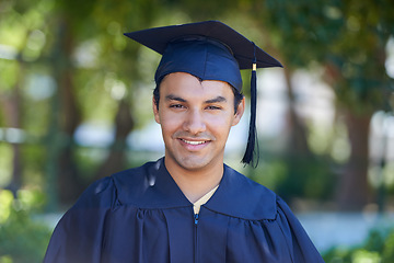 Image showing Graduation, portrait and man with smile to celebrate success, education and college scholarship outdoor. Happy university graduate, certified student and pride for achievement of award for knowledge