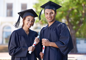 Image showing Graduation portrait, man and woman with certificate at university campus with smile, scholarship and education. School, success and happy students with diploma for academic achievement at college.