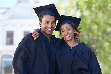 Image showing Graduation, portrait and couple of friends smile to celebrate success, education and college scholarship outdoor. Happy students, man and woman with pride for achievement, award and university event