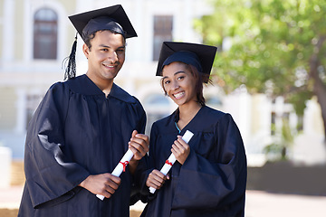 Image showing Graduation, portrait and students with certificate, smile and opportunity at university campus. School, man and happy woman with scholarship diploma for academic achievement with college education.