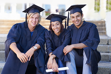 Image showing Graduation, portrait and students on steps with diploma at university campus with smile, diversity and education. School, success and happy group of friends with certificate for academic achievement.