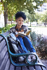 Image showing Woman, portrait and student on bench or college book for study, education or reading. Female person, face and university scholar on campus or outdoor for knowledge, learning or research literature