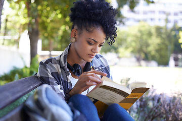 Image showing Woman, student and reading on bench with book for university study, learn education or relax. Female person, academic and college campus or outdoor for knowledge, scholarship or research literature
