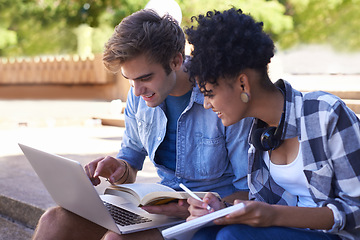 Image showing Students, laptop and teamwork on outdoor campus for online project, research or studying. Man, woman and notebook for university education or garden park for internet connectivity, college or support