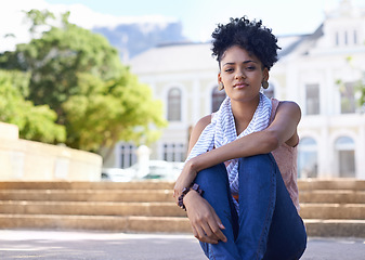 Image showing Woman, portrait and student on university campus steps for education learning, future or scholarship. Female person, face and outdoor park at college building for degree knowledge, diploma or class