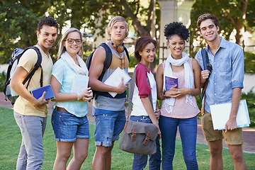 Image showing Portrait, education and campus friends at park for studying, learning and happy group together. Diversity, gen z and university students at college outdoor for knowledge, scholarship and community