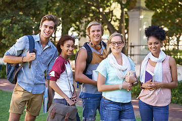 Image showing Portrait, group and college friends at park for studying, happy education and learning together. Diversity, gen z and university students at campus outdoor for knowledge, scholarship and community