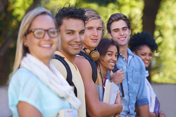 Image showing College, diversity and portrait in the park with students on campus to study together with happiness. University, academy and people with support in education or friends smile in garden after class