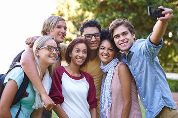 Image showing College, diversity and selfie in the park with friends on campus together and students with happiness. University, academy and people with support and community in education or bonding after class