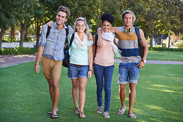 Image showing College, students and portrait in the park with friends on campus to study together with happiness. University, academy and people with diversity or support in education or walking in garden to class