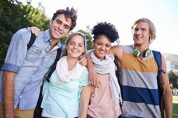 Image showing Portrait, smile and college friends at park for education, studying and bond for learning together. Diversity, gen z and university students at campus outdoor for knowledge, scholarship and community