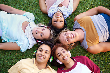 Image showing Headphones, portrait or friends in park at college, campus or together with community, smile or group. University, above or happy people bond with support, joy or radio music in education in garden