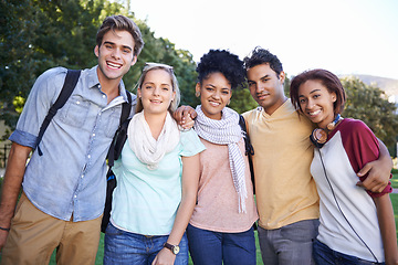 Image showing Hug, portrait or students in park at college, campus or together with community, smile or group. University, diversity or happy people bond with support, joy or solidarity in education in garden