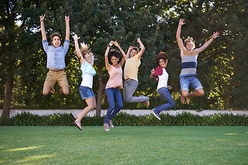 Image showing Group, friends and portrait or park jump for fun connection, summer outdoor or happy. Man, woman and university students or celebration leap in nature for study achievement, college unity or sunshine