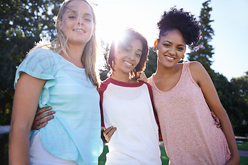 Image showing Hug, portrait or friends in park at college, campus or together with happiness, smile or group. University, academy or women bonding with support, joy or solidarity in education in garden together