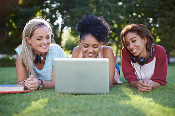 Image showing Grass, laptop or friends in park at college, campus or together with online course, smile or group. University, relax or happy students bond with support, teamwork or diversity in education on field