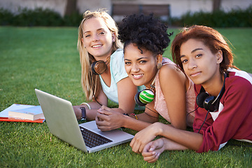 Image showing Portrait, laptop or friends on grass at college, campus or together with online course, smile or group. University, relax or happy students bond with support, teamwork or diversity in education