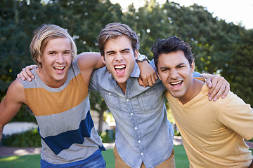 Image showing Funny, portrait and friends in the park at college, campus or crazy together with happiness. University, academy or group bonding with support or solidarity in education or walk in garden after class