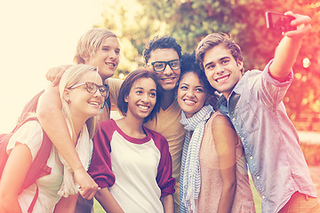 Image showing University, diversity and selfie in the park with friends on campus together and students with social media. College, academy and people with support, community and happiness in education with group