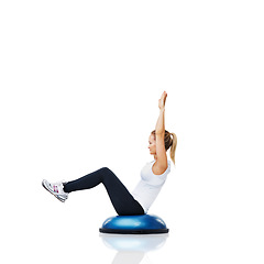 Image showing Athlete, bosu ball or core balance in studio workout performance isolated on white background. Female person, training equipment or fitness for mockup space, body challenge or exercise for wellness