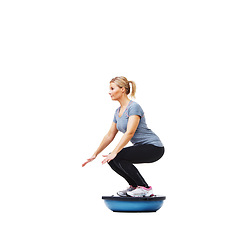 Image showing Woman, half ball or squat balance in studio workout performance isolated on white background. Female athlete, training equipment or fitness for mockup space, body challenge or exercise for wellness