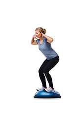 Image showing Training, half ball or woman doing balance, squat or wellness challenge for active studio exercise. Pilates practice, stability equipment or sports athlete in fitness club routine on white background