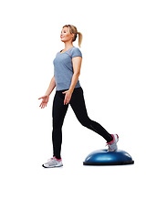 Image showing Training, half ball or woman doing studio exercise, balance performance or wellness challenge for active workout. Practice routine, gym stability platform and athlete fitness on white background