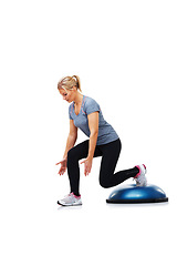 Image showing Training, half ball and woman doing lunge for wellness, studio workout or legs strength development. Stability challenge, balance dome platform and person exercise isolated on white background