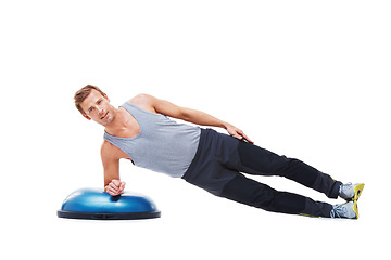 Image showing Man portrait, half ball or plank for fitness, studio workout or core strength development. Active balance challenge, exercise equipment or sport person doing muscle training on white background floor