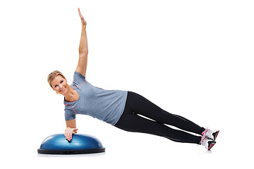 Image showing Woman portrait, half ball or plank for fitness, studio workout or core strength development. Balance challenge, exercise equipment and happy person smile for muscle training on white background floor